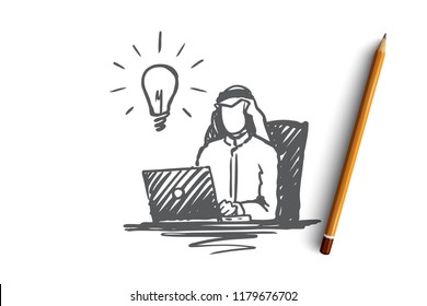 Businessman, muslim, arab, islam, idea, brainstorming concept. Hand drawn muslim businessman working with laptop concept sketch. Isolated vector illustration.