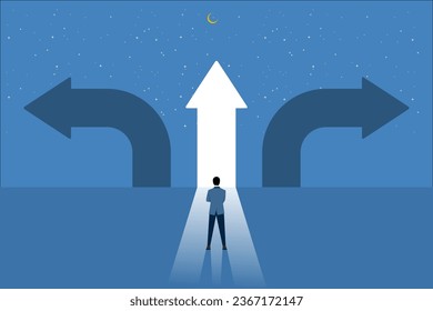 Businessman must choose between three different options indicated by arrows pointing in opposite directions concept, Choosing the right path. Choices and decisions, path selection dilemmas.