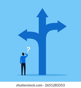 Empresário deve escolher entre três opções diferentes indicadas por setas apontando em direções opostas conceito, Escolhendo o caminho certo. Escolhas e decisões, dilemas de seleção de caminhos.