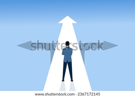 Businessman must choose between three different options indicated by arrows pointing in opposite directions concept, Choosing the right path. Choices and decisions, path selection dilemmas.