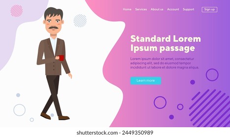 Businessman with mustache drinking coffee. Office employee with coffee cup. Vector illustration. Lunch, coffee break concept for banner, website design or landing page