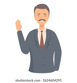 Businessman with a mustache is raising his hand in greeting