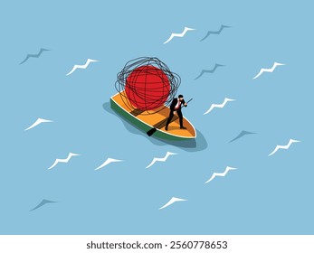 Businessman Navigating Challenges with Heavy Burden on Small Boat 3d isometric vector illustration