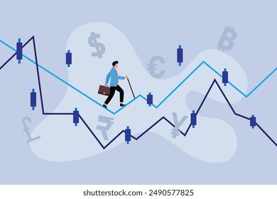 Businessman Navigating Financial Fluctuations and Currency Exchange Volatility 2d flat vector illustration