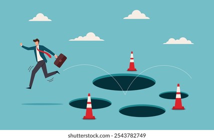 Empresário navegando obstáculos com cones marcando o perigo, pulando sobre buracos. Evite armadilhas, adversidade e corajoso para saltar passar erro ou fracasso de negócios, habilidade e criatividade para resolver o problema
