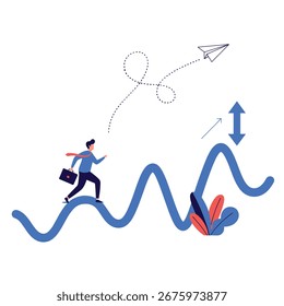 Businessman navigating a volatile market graph with upward and downward trends towards a paper airplane representing success and growth