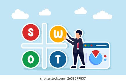 businessman near app interface displaying pie chart data assembling SWOT puzzle illustration of business performance research and analysis