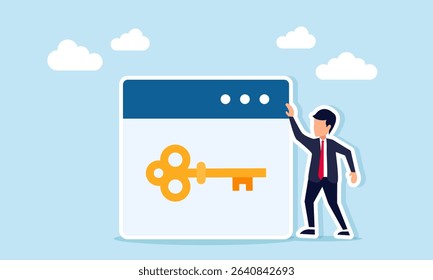 Businessman near an app interface showing a key illustration of solution to troubleshoot business application issues