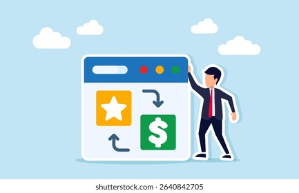 Businessman near an app interface showing exchange between star and dollar symbols illustration of designing a scheme to improve business quality standards