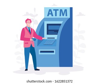 Businessman near ATM machine, bank assistant ,  Vector illustration, perform financial transactions using ATM. Consultant man near automated teller machine for customer 