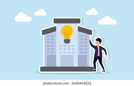Businessman near building with light symbol illustration of source of business idea inspiration
