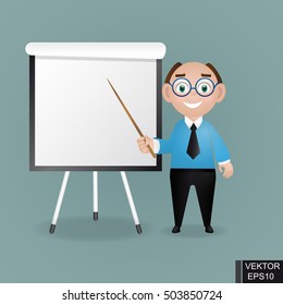 Businessman near the chart board. Indicates. Explains. Conducts Successful lecture guy. For your design.