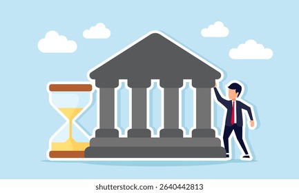 Businessman near courthouse and hourglass illustration of the time needed to build a business in the legal consulting field