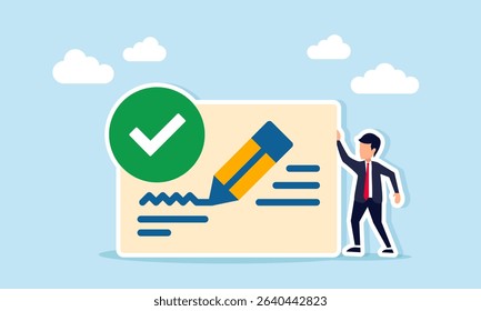 Businessman near document paper with check mark being written with pencil illustration of preparing business performance report