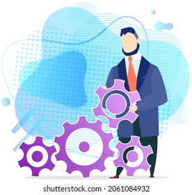 Businessman near gear icons on abstract blue background. Setting options, maintenance, fixing concept. Man works with development of settings. Employee fixing gears isolated on white background