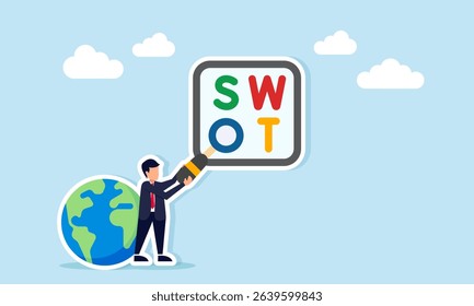 businessman near globe arranging SWOT letters with magnifying glass as the letter O illustration of research and analysis of global business development