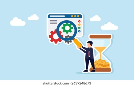 Businessman near hourglass holding magnifying glass to observe application interface with gear illustration of deadline for business system maintenance or improvement