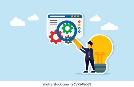 Businessman near lamp holding magnifying glass to observe application interface with gear illustration of business system maintenance or innovation improvement