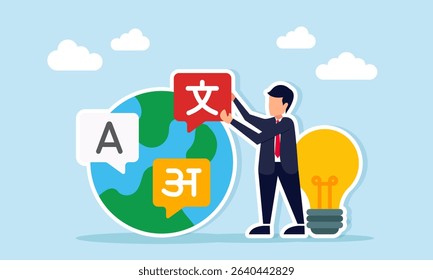 Businessman near light placing language sign on globe with several signs illustration of idea to start a language course business