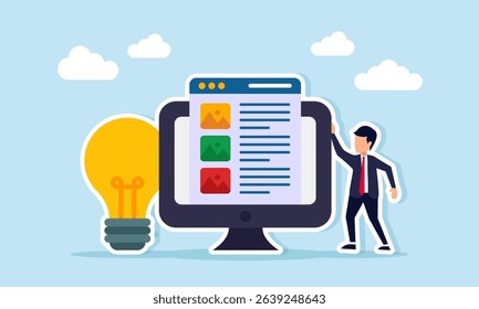 Businessman near monitor displaying multimedia application interface beside light bulb illustration of strategy idea to manage promotional media