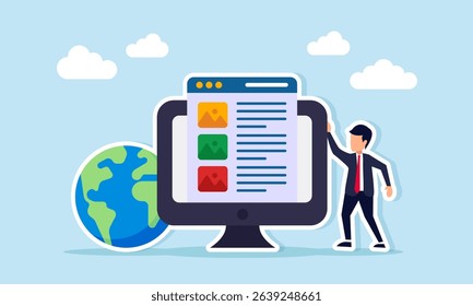 Businessman near monitor displaying multimedia application interface beside globe illustration of managing business promotion media on a global scale