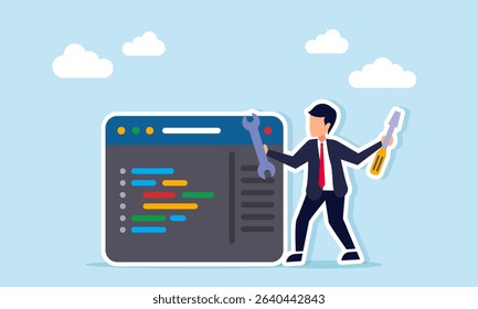 Businessman near programming interface holding screwdriver and wrench illustration of routine maintenance for business application system