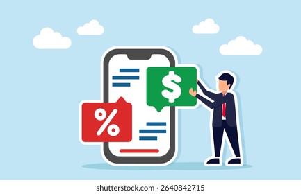 Businessman near a smartphone with a percent chat dialog while holding a dollar chat dialog representing browsing for inspiration on promotional strategy with discounts illustration
