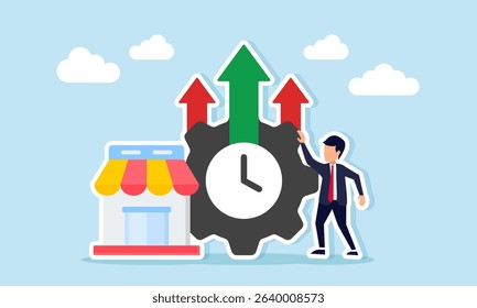 Businessman near store and gear with upward arrow and indicator needle illustration of improving marketplace business team performance
