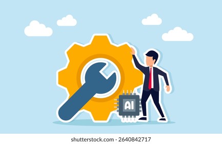 Businessman near system gear mechanical key and AI processor representing efficiency and effectiveness in improving business system maintenance illustration