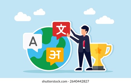 Businessman near trophy placing language sign on globe with existing signs illustration of success in building a language course business
