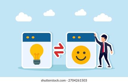 Geschäftsmann in der Nähe von zwei App-Schnittstellen, die eine Glühbirne und ein glückliches Emoji durch ein Implikationssymbol verbunden zeigt, das die Korrelation zwischen Kundenbetreuung und Unternehmensinnovation veranschaulicht