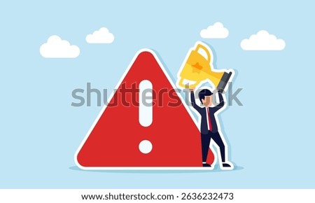Businessman near warning sign holding trophy illustration of caution in maintaining status as leading company