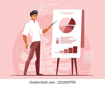 Businessman near the whiteboard with charts presents an annual report. Vector illustration