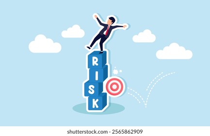 A businessman nearly falls from a stack of boxes labeled RISK hit by a target board, illustration of high targets with high risks