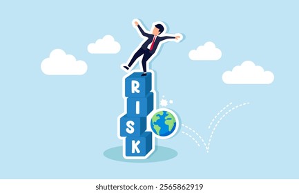 A businessman nearly falls from a stack of boxes labeled RISK hit by a globe, illustration of larger business scale increasing risks