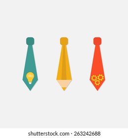 Businessman Neck Tie Icon Set With Light Bulb, Pencil, Wheel. Idea Consept. Isolated Flat Design Vector Illustration