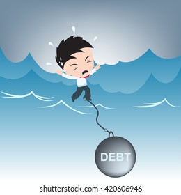 businessman need help with debt burden on water, financial concept illustration vector in flat design