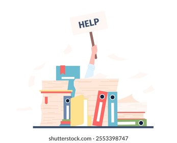 Businessman need help. Hand holding banner, office worker or manager overload paperwork. Busy tired employee asks support, recent vector scene