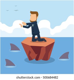 businessman need help surrounded by sharks