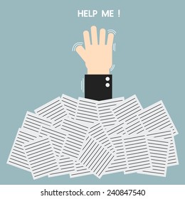 Businessman need help under a lot of white paper, flat design