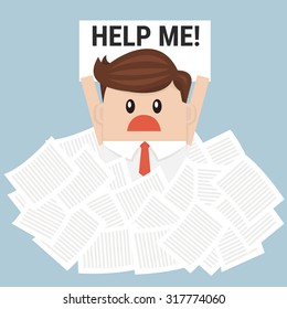Businessman need help under a lot of white paper, flat design