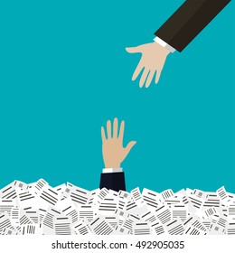 Businessman need help under a lot of white paper. Business concept