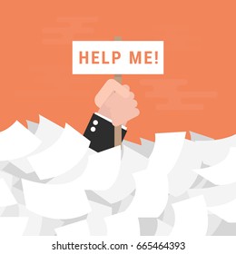 Businessman need help under a lot of white paper, flat design