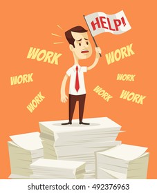 Businessman need help with work. Office worker hold white flag help. Vector flat cartoon illustration
