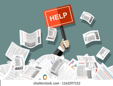 Businessman Needs Help Under A Lot Of Bills, In The Office And Requests For Help. Can Not Pay Bills, Having Financial Troubles. Planning Budget Concep. Flat Vector Illustration.