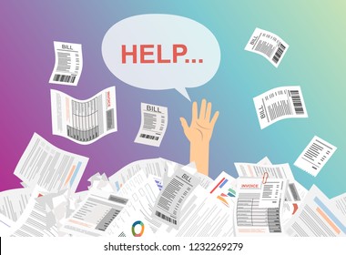 Businessman needs help under a lot of bills, in the office and requests for help. Can not pay bills, having financial troubles. Planning budget concep. Flat vector illustration.