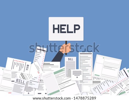 Businessman needs help under a lot of bills. Paying bills. Payment of utility, bank, restaurant and other bills. Flat design modern vector illustration concept.
