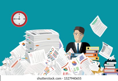Businessman needs help under a lot of documents in the office and requests for help. Modern Idea and Concept Vector illustration