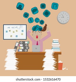 Businessman needs help under a lot of documents in the office and requests for help. Modern Idea and Concept Vector illustration
