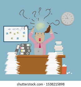 Businessman needs help under a lot of documents in the office and requests for help. Modern Idea and Concept Vector illustration